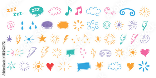 Expression icons with comic emotion elements featuring hand drawn expressive symbols like stars, hearts, sparks, speech bubbles, and exclamation doodles for communication accent vector.