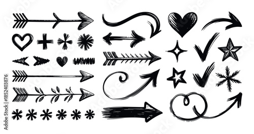 Hand drawn black sketchy arrows hearts stars and check marks icons for design and graphic use