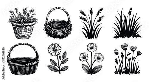 Collection of black and white line drawings of baskets filled with flowers and grass, perfect for spring or harvest themes in graphic projects.