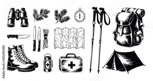 Black and white collection of camping and hiking gear including boots, backpack, tent, binoculars, compass, and first aid kit for outdoor adventures and survival supplies.