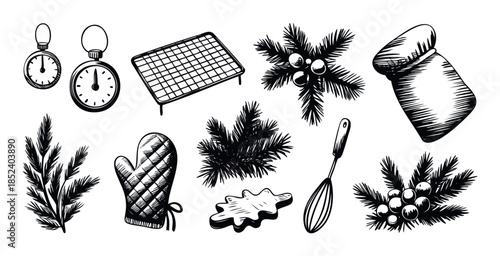 Hand Drawn Christmas Baking and Decor Elements including Stopwatches, Oven Mitt, Whisk, Pine Branches and Berries for Festive Food Preparation and Holiday Crafts