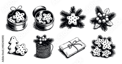 Festive winter holiday cookie collection including star and tree shapes in tins, on pine branches, and wrapped as gifts, perfect for seasonal promotions and greeting cards.