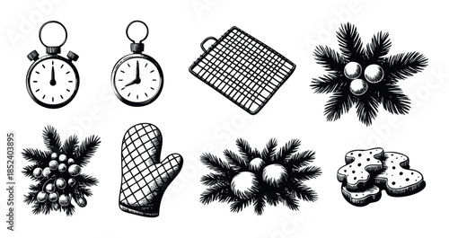 Collection of handdrawn holiday baking and cooking elements including stopwatches, oven mitt, baking rack, pine branches with ornaments, and cookies for seasonal projects and invitations