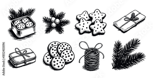 Whimsical collection of festive Christmas treats and decorations including cookies, gifts, and fir branches, perfect for holiday greeting cards and seasonal promotions
