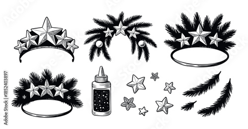 Collection of festive star and pine branch motifs for holiday decoration and winter crafting projects, perfect for seasonal greetings and festive embellishments