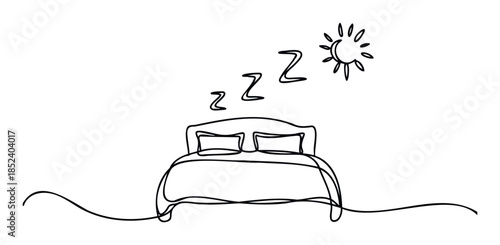 Continuous line drawing of a bed with pillows and sun symbol indicating sleep and rest, perfect for concepts related to relaxation and wellbeing visuals.