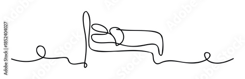 Continuous line drawing of a bed with a pillow and blanket representing sleep, rest, and a comforting space, perfect for wellness or hospitality themes.