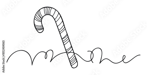 A simple black line drawing of a striped candy cane with a playful wavy line beneath it, perfect for holiday themes and festive celebrations.