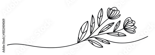 Minimalist black line drawing of a delicate floral sprig with open blossoms and leaves, perfect for branding, invitations, and organic themes.