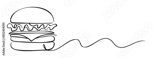 Whimsical continuous line drawing of a classic hamburger with a wavy tail extending into negative space, perfect for food service menus, restaurant branding, or web graphics.