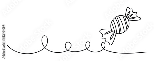 Simple line drawing of a wrapped candy with a playful curly line extending from it, perfect for sweet treats promotions and cheerful designs.
