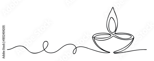 Single line drawing of a diya lamp with a continuous flowing line forming the flame and vessel, perfect for festive celebrations and spiritual themes
