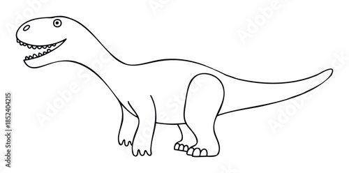 Simple line drawing of a friendly dinosaur with a long neck and sharp teeth, perfect for childrens books and educational materials.