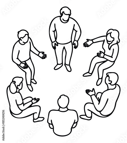 Group of people in circle discussing ideas and sharing thoughts in a meeting or collaborative session, useful for team building or brainstorming visuals