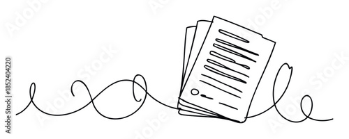 Simple black line drawing of papers with lines and squiggly lines suggesting writing or movement, perfect for representing data analysis or creative thought processes.