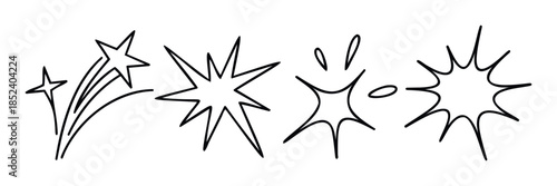 Collection of hand drawn starbursts and shooting stars for dynamic impact graphic elements suitable for comic books and energetic designs.