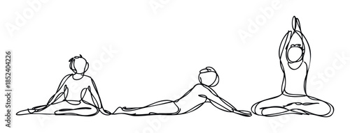 Three stylized human figures in yoga poses, depicted with simple black line work on a white background, perfect for wellness content and exercise graphics.