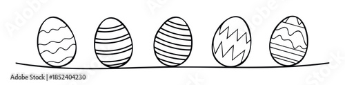 Collection of simple line drawing easter eggs with various decorative patterns displayed on a single line ready for springtime holiday celebrations and festive decoration projects.