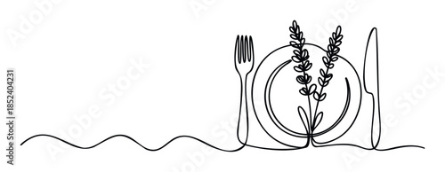 Minimalist line drawing of a place setting with a fork, plate and knife, featuring lavender sprigs, perfect for culinary themes and elegant dining promotions.
