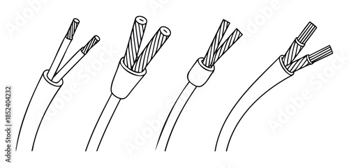 Collection of electrical wire types with exposed conductors and protective sheathing, showcasing different cable constructions for electrical applications and technical illustrations.