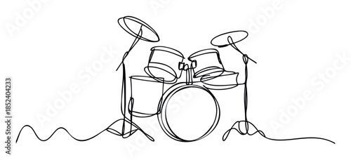 Continuous line drawing of a drum set on a white background, perfect for music related projects and graphic designs.