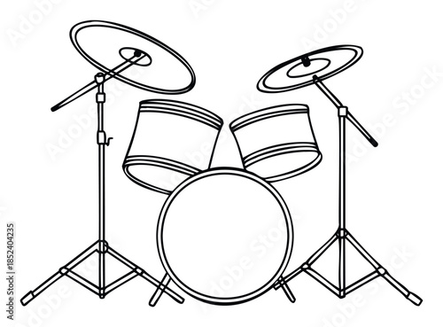 Outline drawing of a complete drum kit with snare drum, tom toms, and cymbals on stands for music production and performance concepts