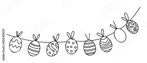 Whimsical doodle garland of decorated Easter eggs strung on a line for festive spring celebrations and seasonal greetings, perfect for holiday projects.