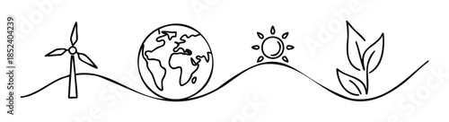 Eco friendly renewable energy symbols like wind turbine earth sun and leaf for green power concept applications on wavy lines