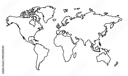 Global continents outlined with simple black lines on a white background representing world geography and travel concepts for educational and informational purposes