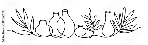 Minimalist line drawing of various ceramic vases and tropical foliage arranged in a continuous line formation, perfect for decorative use and botanical themes.