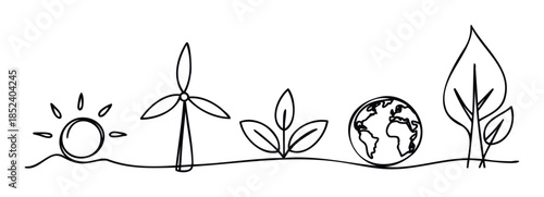 Symbolic outline representing renewable energy and environmental sustainability with sun, wind turbine, plant, globe, and tree, suitable for ecological awareness campaigns and green