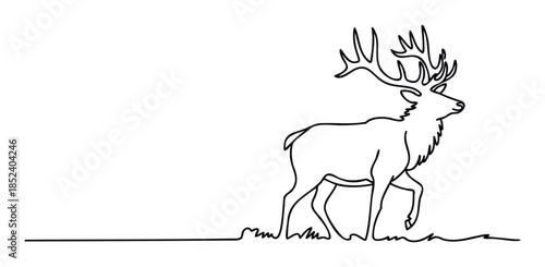 Elegant single line drawing of a majestic stag with large antlers walking gracefully across a plain for use in nature branding and wildlife promotion