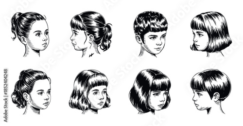 Collection of diverse young girl portraits in a classic monochrome sketch style, ideal for editorial use or vintage inspired themes