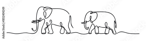 Minimalist single line drawing of a mother elephant and baby elephant walking together, perfect for nature themes and conceptual use.