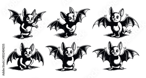 Collection of six adorable black and white bats with large ears and wings spread, perfect for Halloween and spooky themes for promotional materials and graphic assets
