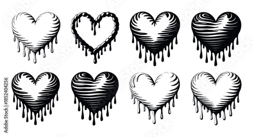 Collection of eight black and white dripping heart graphics representing melting love or emotional intensity, perfect for expressing feelings in design projects and digital media.