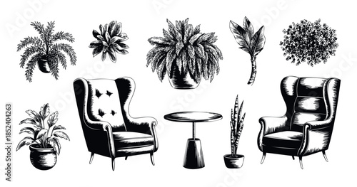 Vintage armchair and potted plants arrangement for home decor, interior design, and lifestyle concepts with botanical elements