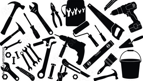 Hand tools silhouettes collection, construction repair and DIY equipment set, hammers drills saws wrenches isolated on white background vector illustration