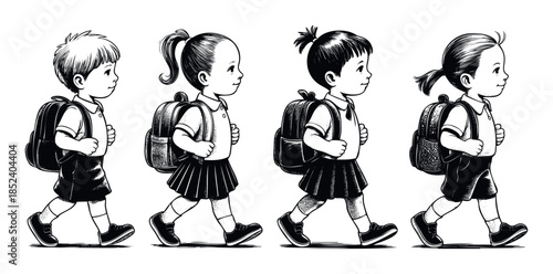 Four young children walking together with backpacks, suggesting a return to school or a journey, perfect for educational materials and childrens themes.