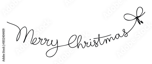 Hand drawn continuous line calligraphy greeting for Merry Christmas with decorative bow, ideal for festive marketing and seasonal celebrations.