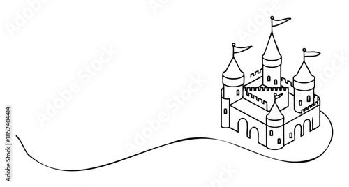 Whimsical outline of a fairy tale castle with flags and whimsical wave, perfect for storybook pages, invitations, and childrens themes