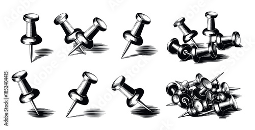 Collection of realistic woodcut style push pins and thumbtacks in various arrangements and shadows, perfect for office supplies, stationery, or crafting concepts.
