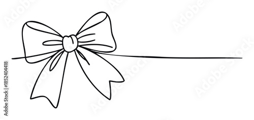 Simple continuous line drawing of a ribbon bow with trailing end, perfect for gift wrapping, celebration, and decorative accents in greeting cards and packaging.