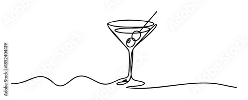 Minimalist line drawing of a martini glass with olives and a skewer, perfect for cocktails, celebrations, or beverage promotions on websites and social media.