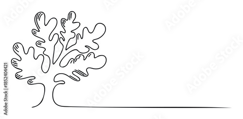 Simple line drawing of an oak leaf cluster with a long horizontal line extending to the right, perfect for graphic design and nature themes
