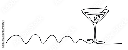 Single line drawing of a martini glass with olive and straw, symbolizing celebration and relaxation, perfect for hospitality and lifestyle promotions