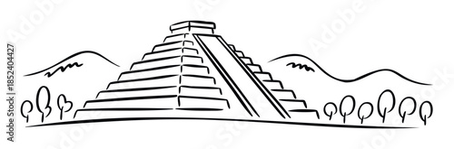Ancient pyramid structure with surrounding landscape featuring trees and hills, suitable for historical or travel related concepts.