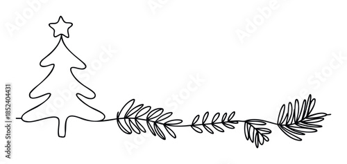 A single continuous line drawing of a Christmas tree adorned with a star and a pine branch extending to the right, perfect for festive greetings and seasonal decor projects