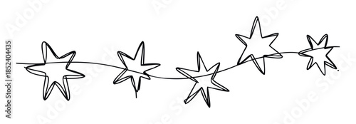 Simple continuous line drawing of five stars connected by a wavy line for use in celebration or award related graphics and designs.