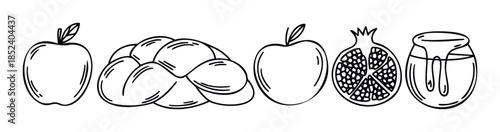 Set of symbolic food items including apples, challah bread, pomegranate, and honey pot in a simple outline style for celebratory themes and Rosh Hashanah.